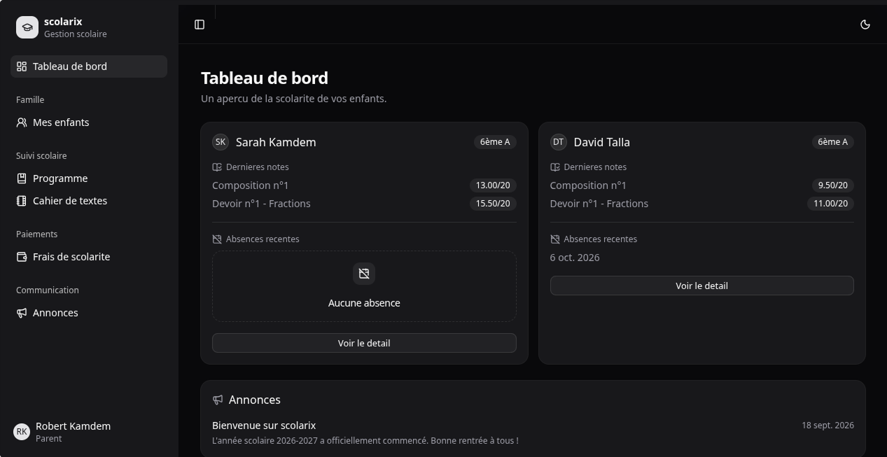 Tableau de bord parent