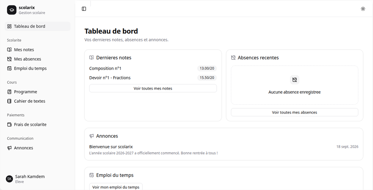 Tableau de bord élève
